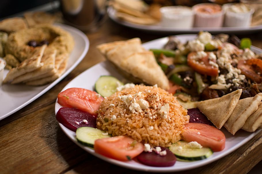 selective, focus photo food, platter, brown, wooden, board, authentic greek, greek food, hummus, greek rice