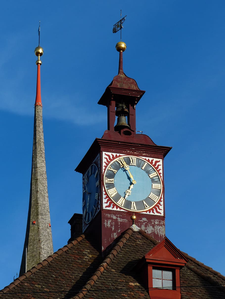 Clock, Time, time indicating, time of, town hall clock, spire, stein am rhein, roof, golden, architecture
