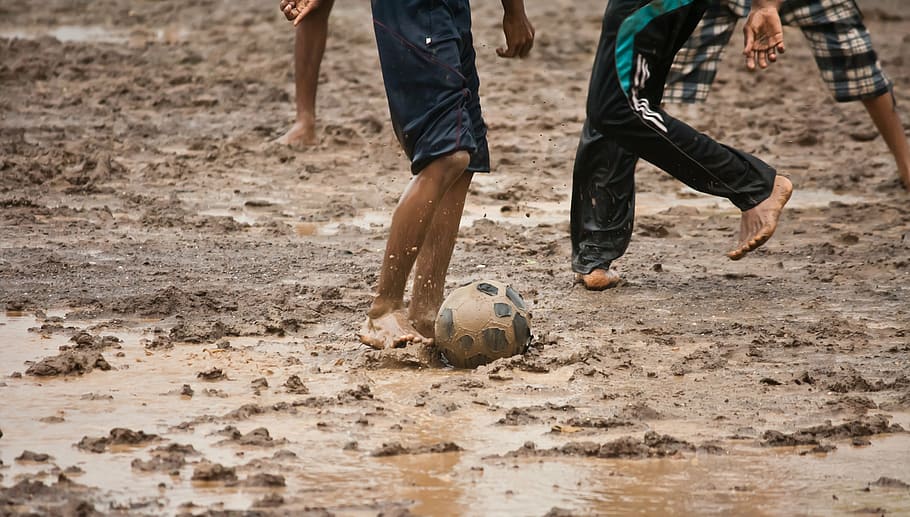 people, playing, soccer, mud, football, slush, muddy, children, kids, low section