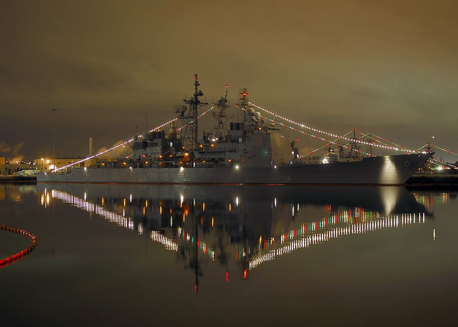 christmas lights, decoration, navy, ship, pier, harbor, bright, reflection, water, uss cape st george