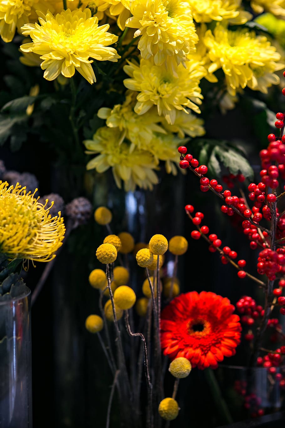 bunga, flora, kuning, karangan bunga, rowan, cantik, komposisi, merah, warna-warni, pengaturan
