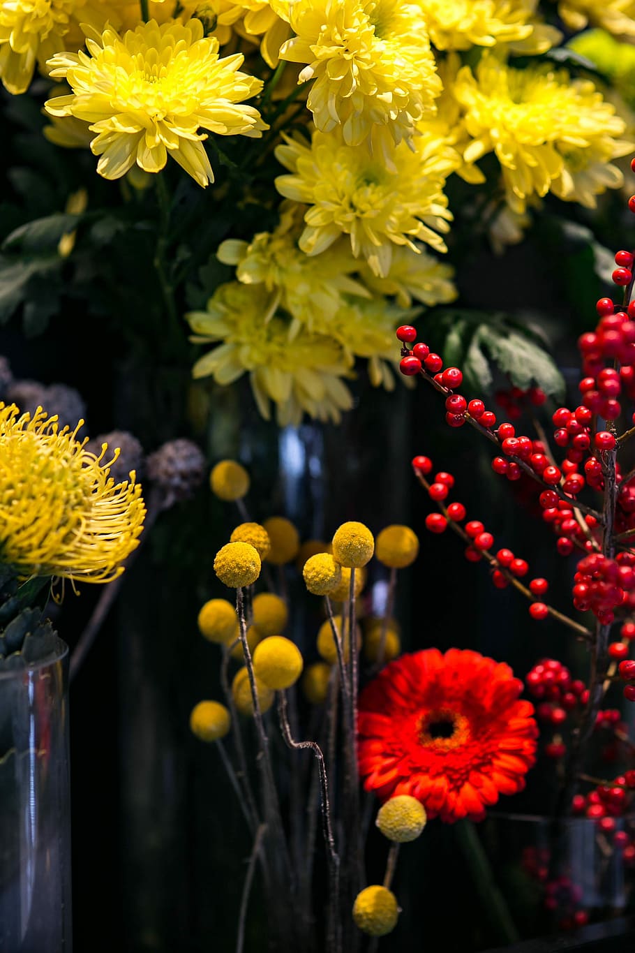 merah, rowan, pengaturan warna-warni, bunga, warna-warni, pengaturan, flora, kuning, buket, cantik