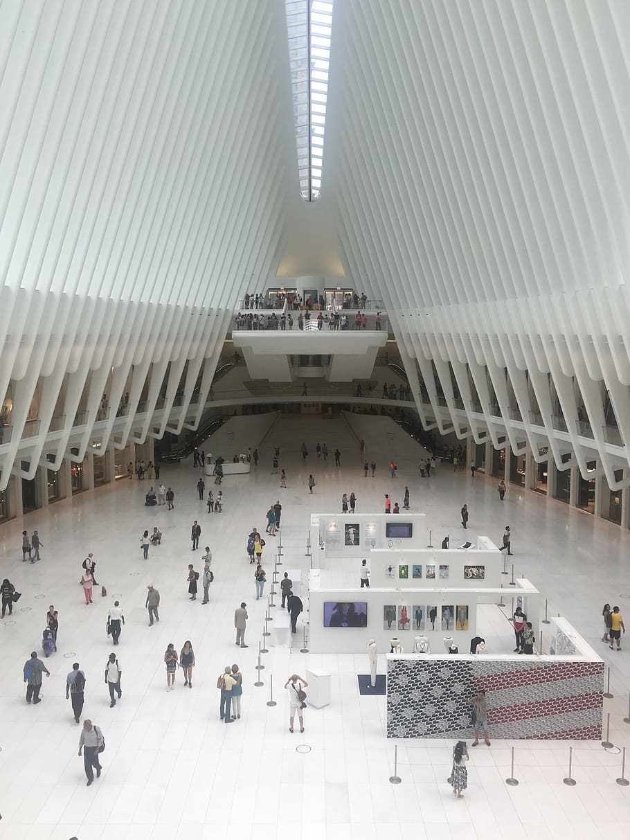 oculus, path, nyc, trains, station, subway, financial district, tourists, indoors, people