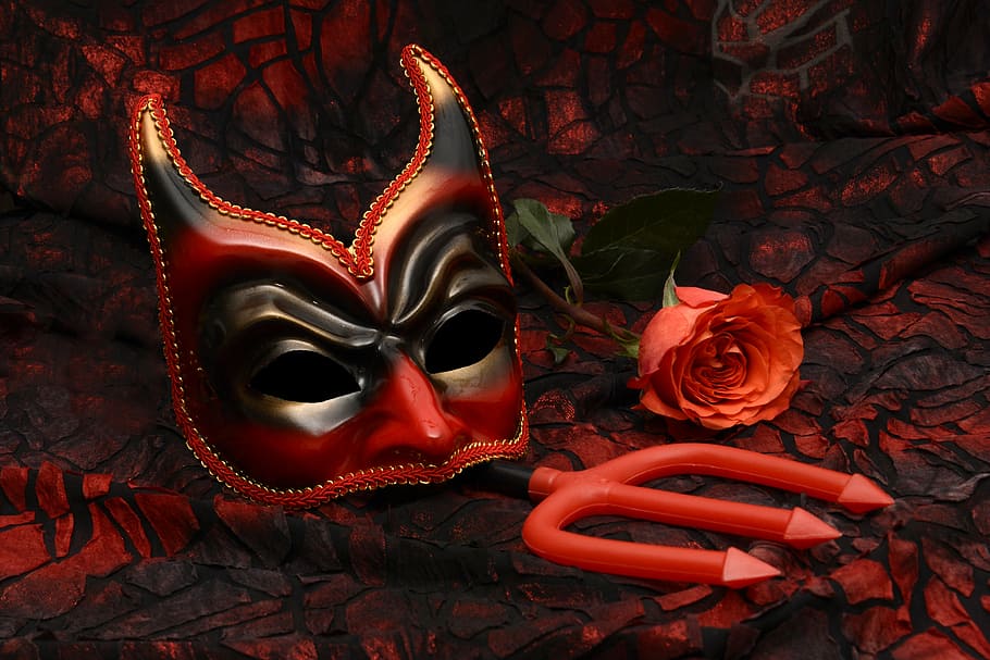 merah, hitam, topeng topeng iblis, topeng, karnaval, misterius, dekat, romansa, karneval, manusia