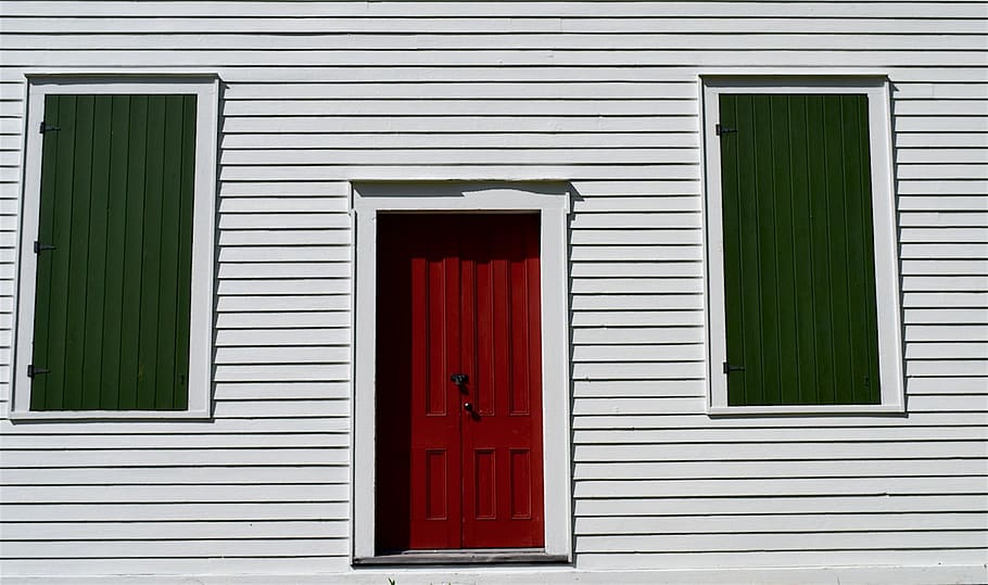 building, white, red door, green window, church, wooden, architecture, design, exterior, rural