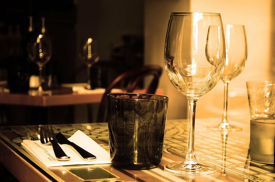 two, clear, wine glass, black, tinted, table, restaurant, furniture, glass, wine