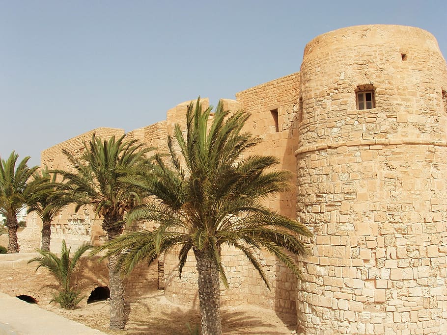 Kastil, Tunisia, Djerba, Pohon Palem, batu, warisan, perjalanan, eksotis, arsitektur, benteng