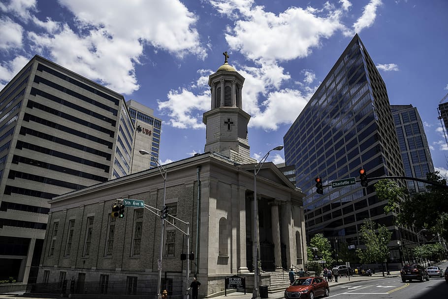 street corner, Church, Nashville, clouds, corner, public domain, sky, steeple, street, urban Scene