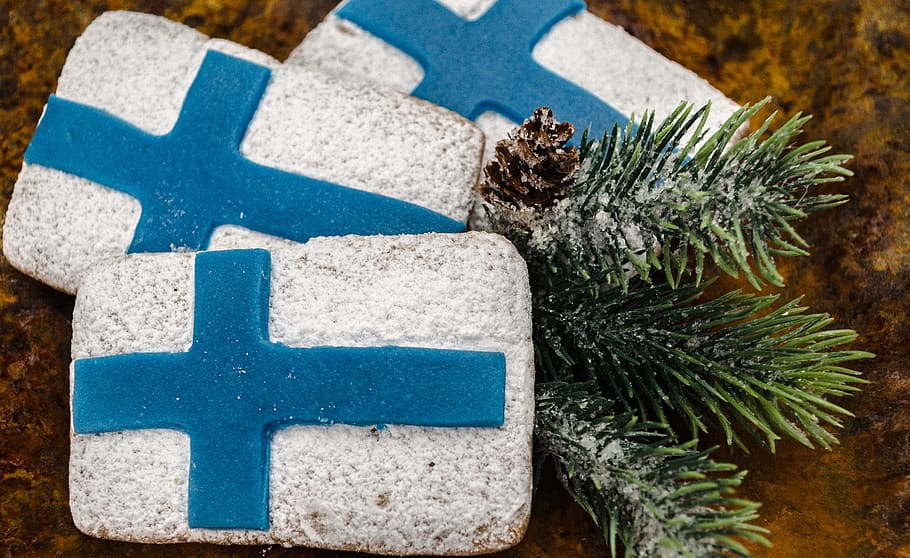 gingerbread, cookie, flag of finland, independence day, finnish, blue and white, finland 100, symbol, celebration, christmas tree