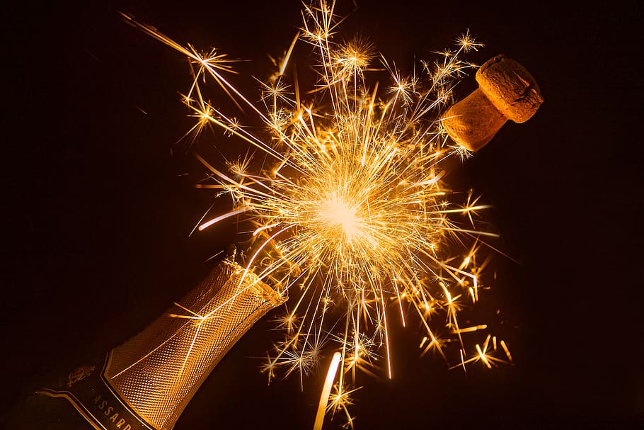 bottle of sparkling wine, sparkler, champagne cork, to pop, new year's day, new year's eve, festival, celebration, birthday, injection candle