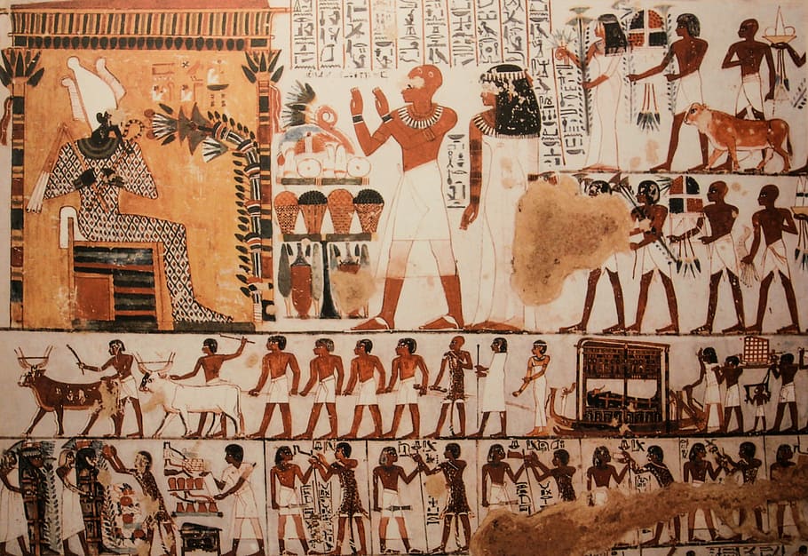 Collage de personajes hindúes, mural, Egipto, faraónico, Luxor, tumba, tutankamón, gran grupo de personas, personas, día