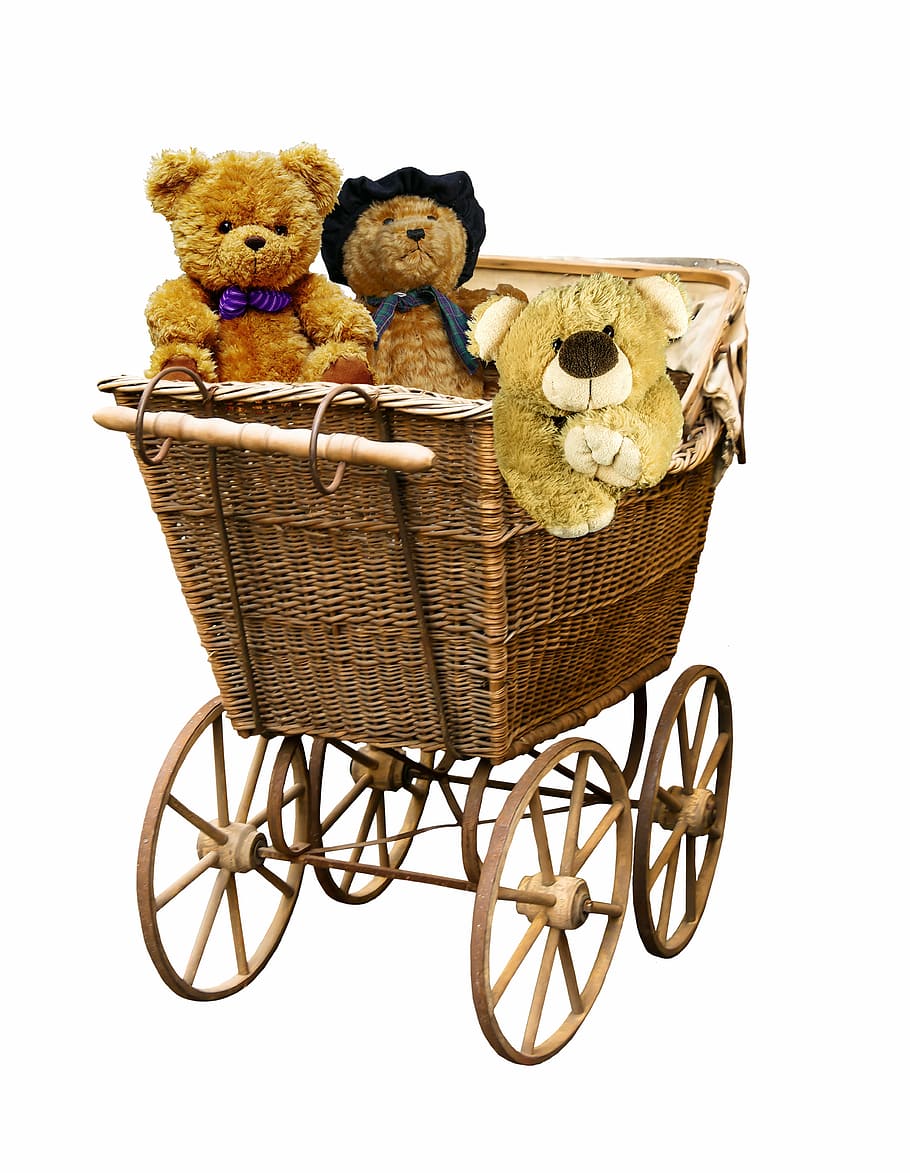three, brown, bear, plush, toys, wicker bassinet, baby carriage, old, nostalgia, teddy