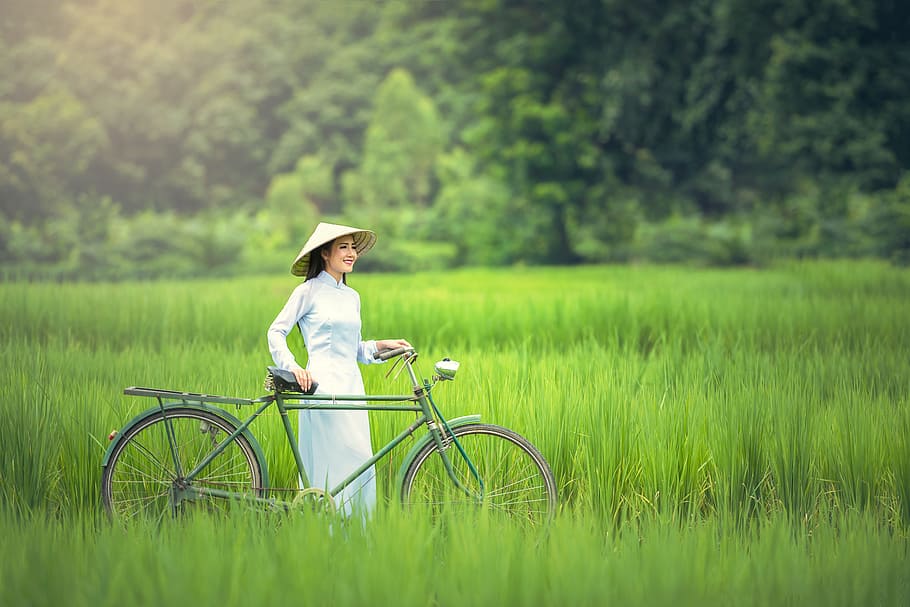 女性, 身に着けている, 茶色, 帽子, 保持, 自転車, 緑, ゴルフクラブ, 田舎, 古代