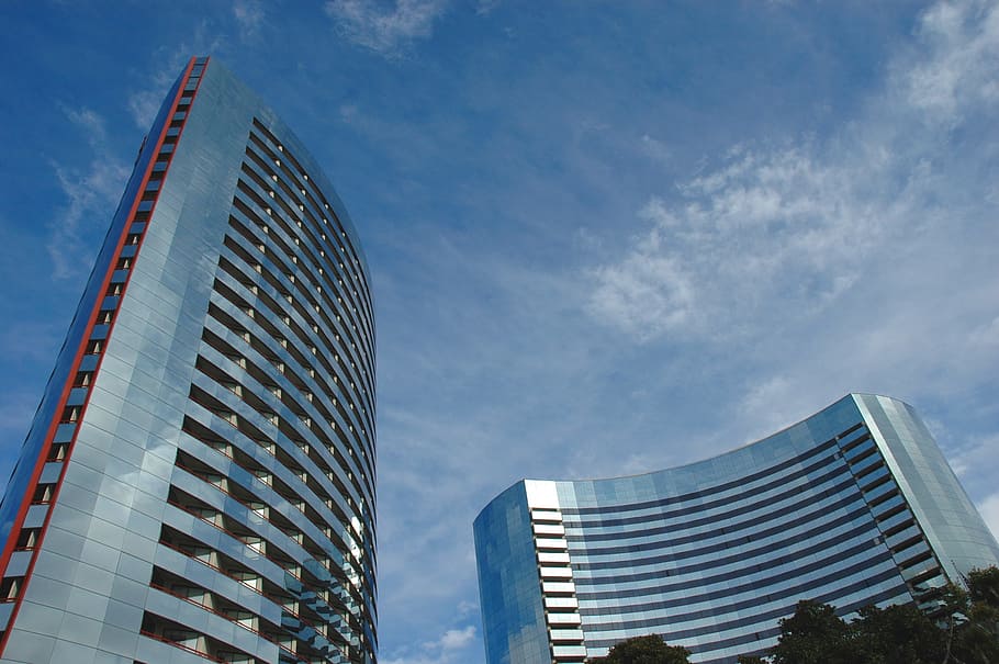 abu-abu, beton, bangunan, biru, langit, manajemen, modern, kantor, besar, inovatif