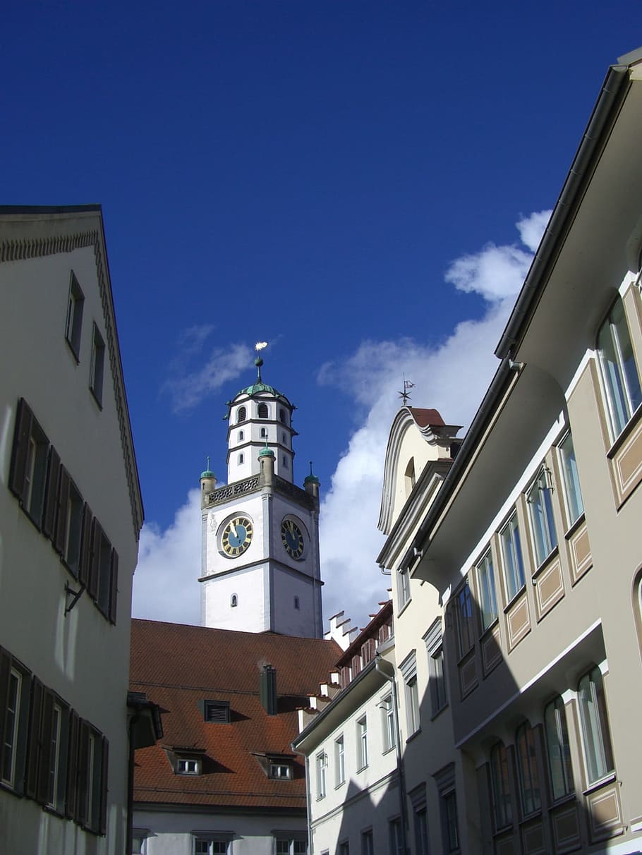 Blaser, torre, Ravensburg, torre blaser, bowever, hilera de casas, cielo, azul, arquitectura, exterior del edificio