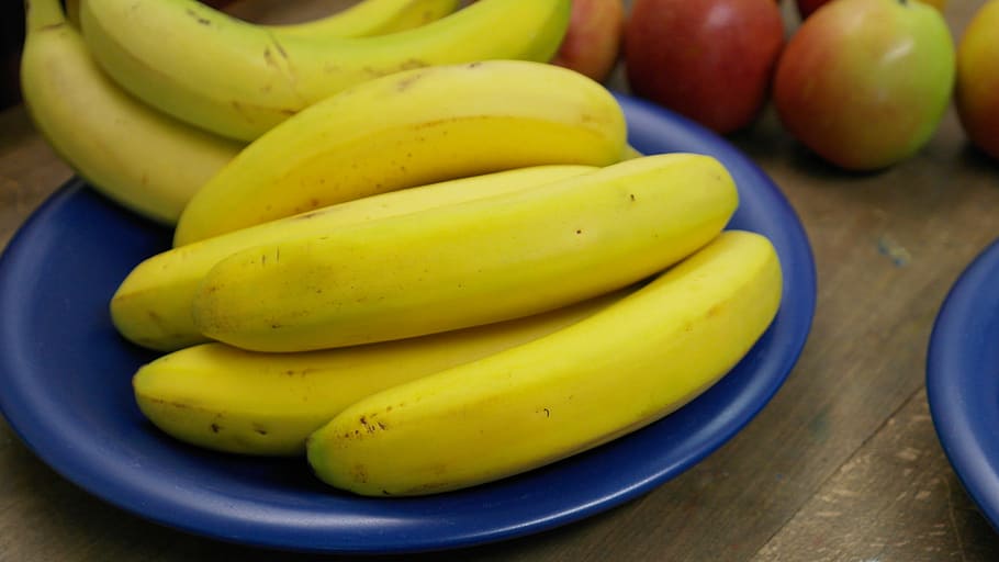 bunch, ripe, bananas, blue, plate, banana, fruit, healthy, yellow, tropical