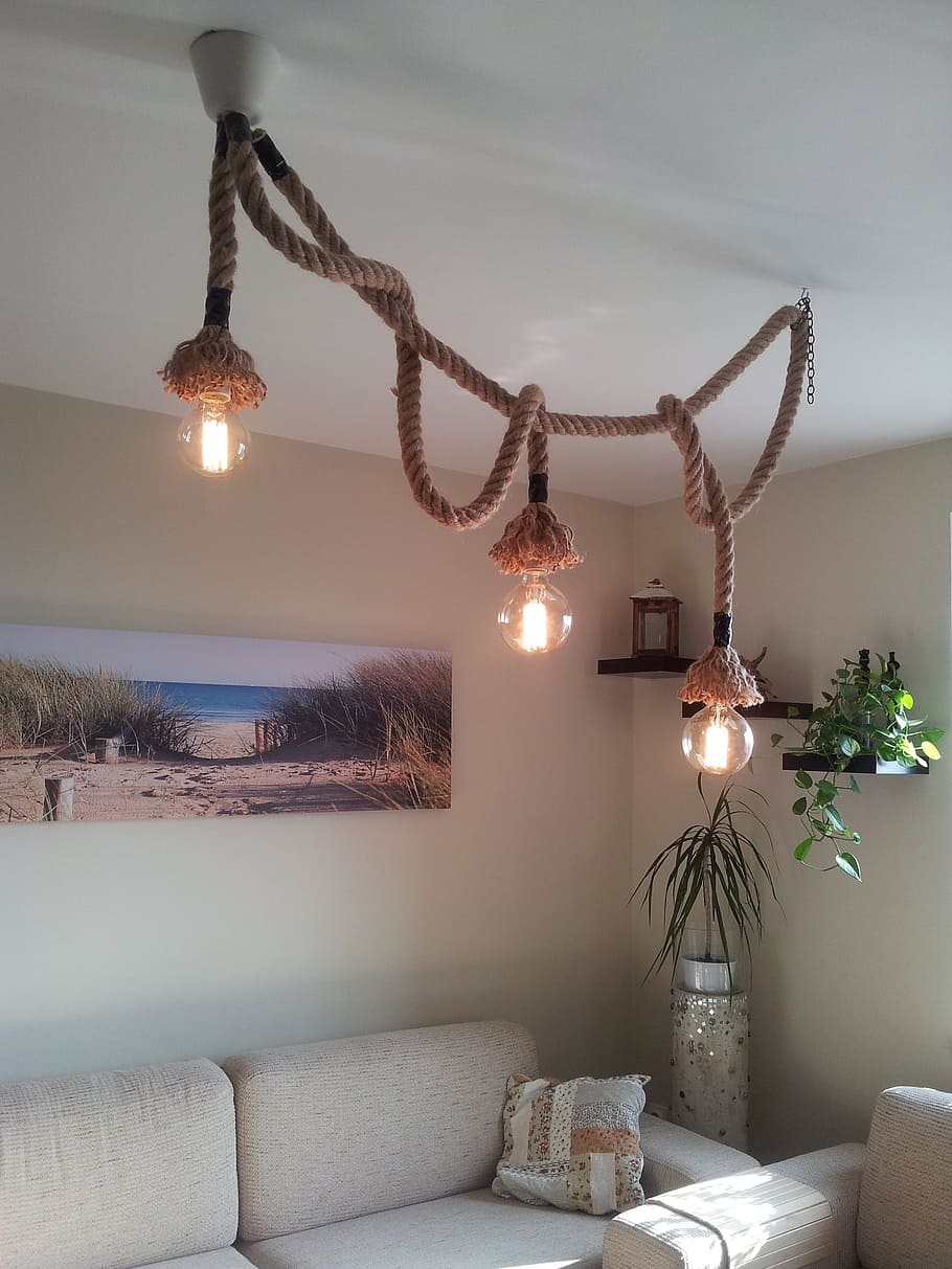 brown, 3-light, 3- light pendant lamp, white, sofa turned-on, rope, lamp, chandelier, design, retro