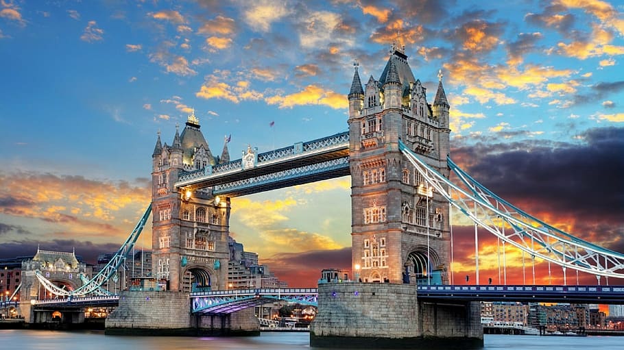landscape photograph, tower bridge, london, thames, river, historic, landmark, sunset, clouds, colorful