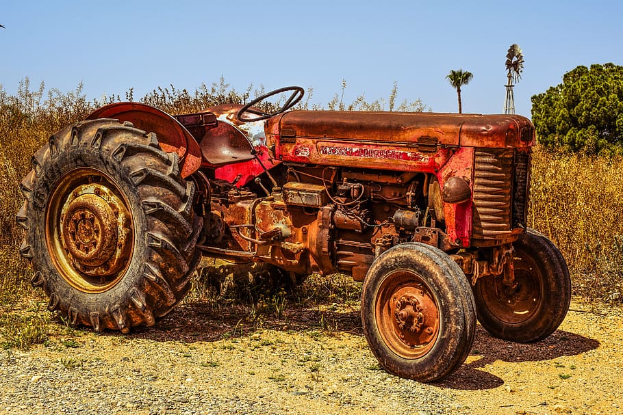 red, brown, tractor, withered, plant, farm, countryside, agriculture, rural, equipment