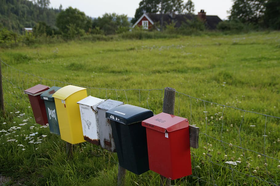 letter boxes, mailbox, post, colorful, idyllic, sweden, loneliness, smaland, southern sweden, idyll