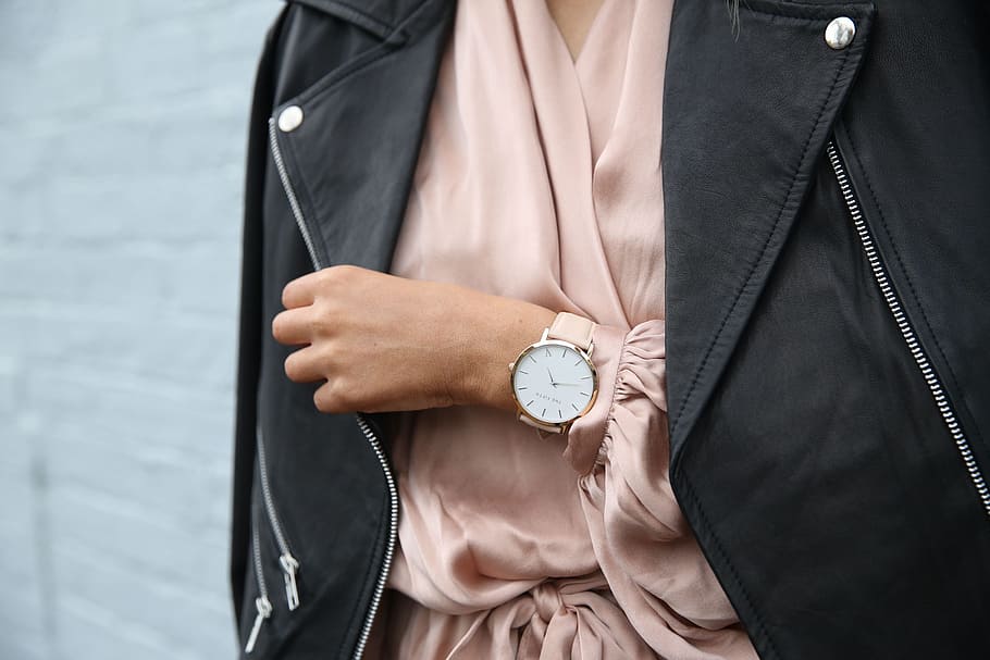 selective, focus photo, person, wrist, round silver-colored, watch, leather jacket, style, pink, jacket