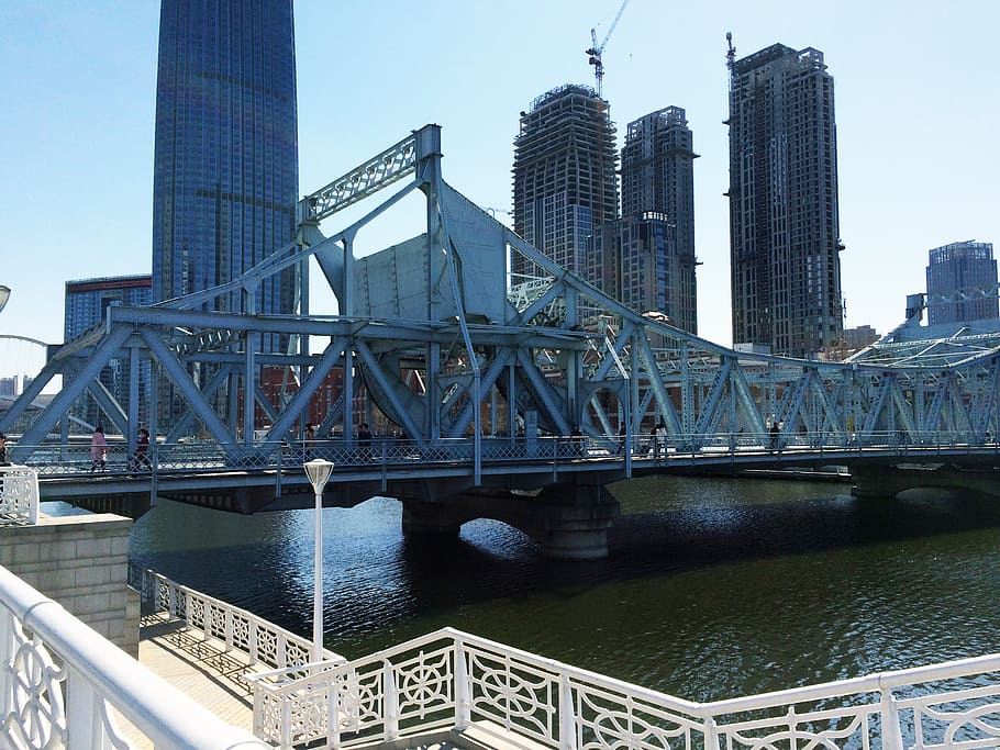 bridge, river, guardrail, the iron bridge, road bridge, tall buildings, downtown, tianjin, built structure, architecture