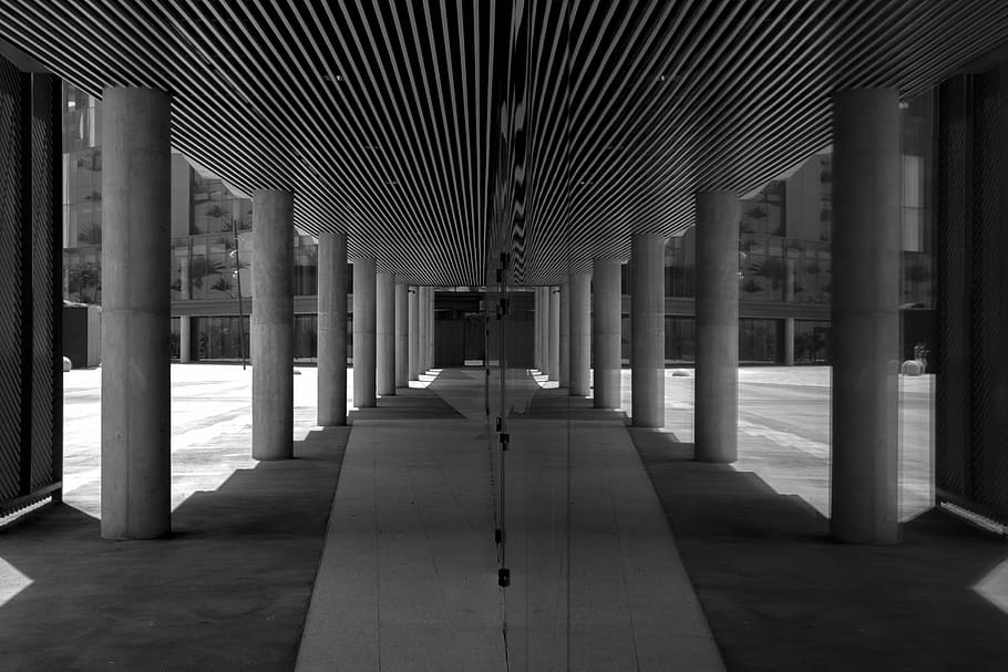 grayscale photography, building aisle, gray, scale, photography, hallway, pavement, architecture, building, structure