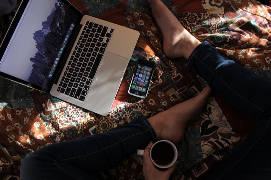 person, sitting, macbook, pro, space, gray, iphone 5, holding, mug, laptop