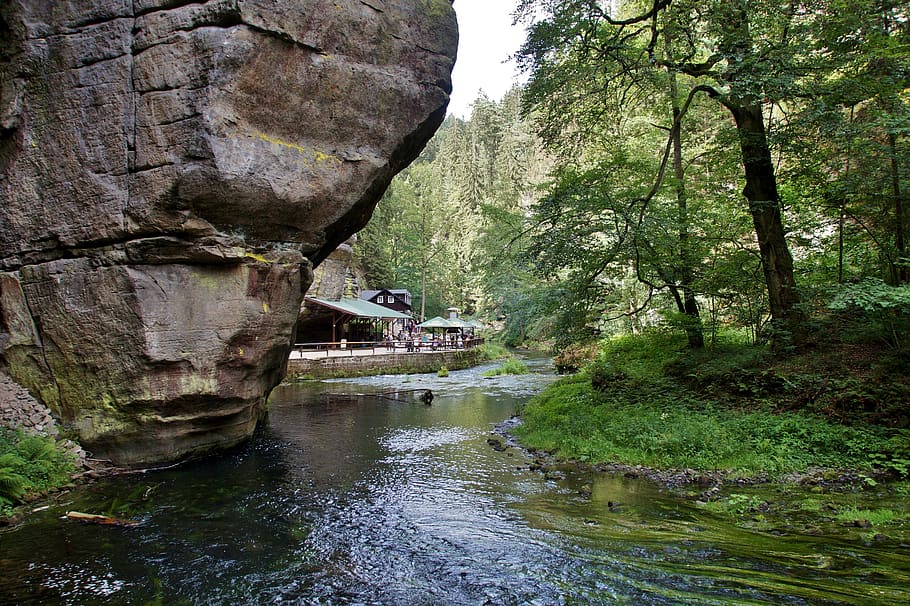 hřensko, czech switzerland, defile, the wild gorge, river, rocks, rowboat, ship, tourism, holidays