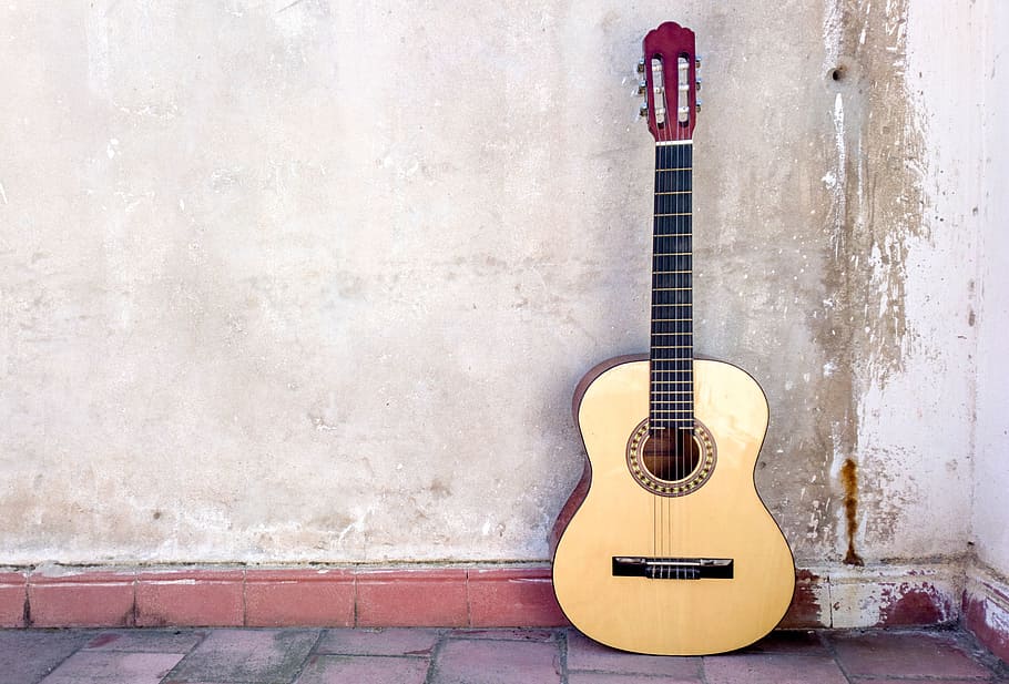 guitar, music, classical guitar, rustic, musical instrument, string instrument, wall - building feature, arts culture and entertainment, musical equipment, acoustic guitar