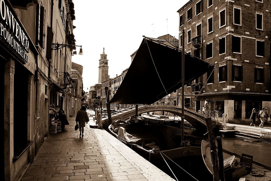 Venesia, Kanal, Perahu, Antik, Sepia, berumur, kota, hitam dan putih, italia, arsitektur