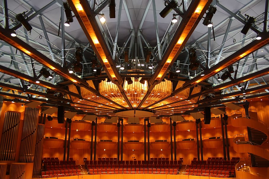 philharmonie cologne, hall, blanket, acoustic, architecture, built structure, illuminated, orange color, lighting equipment, metal