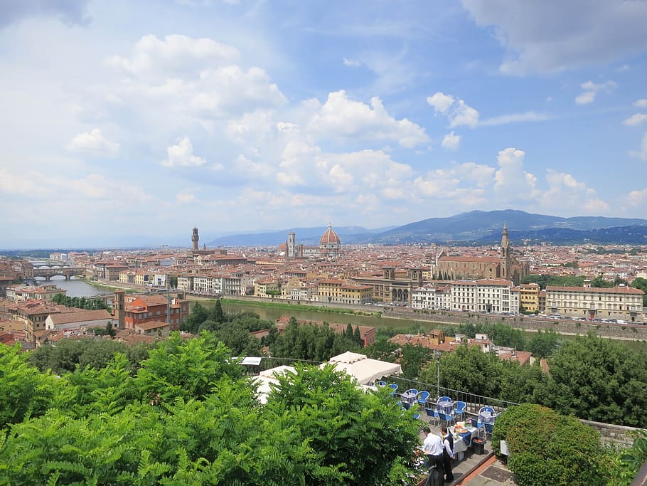 Piazzale Michelangelo, Florence, Italy, city, buildings, architecture, rooftops, view, mountains, sky
