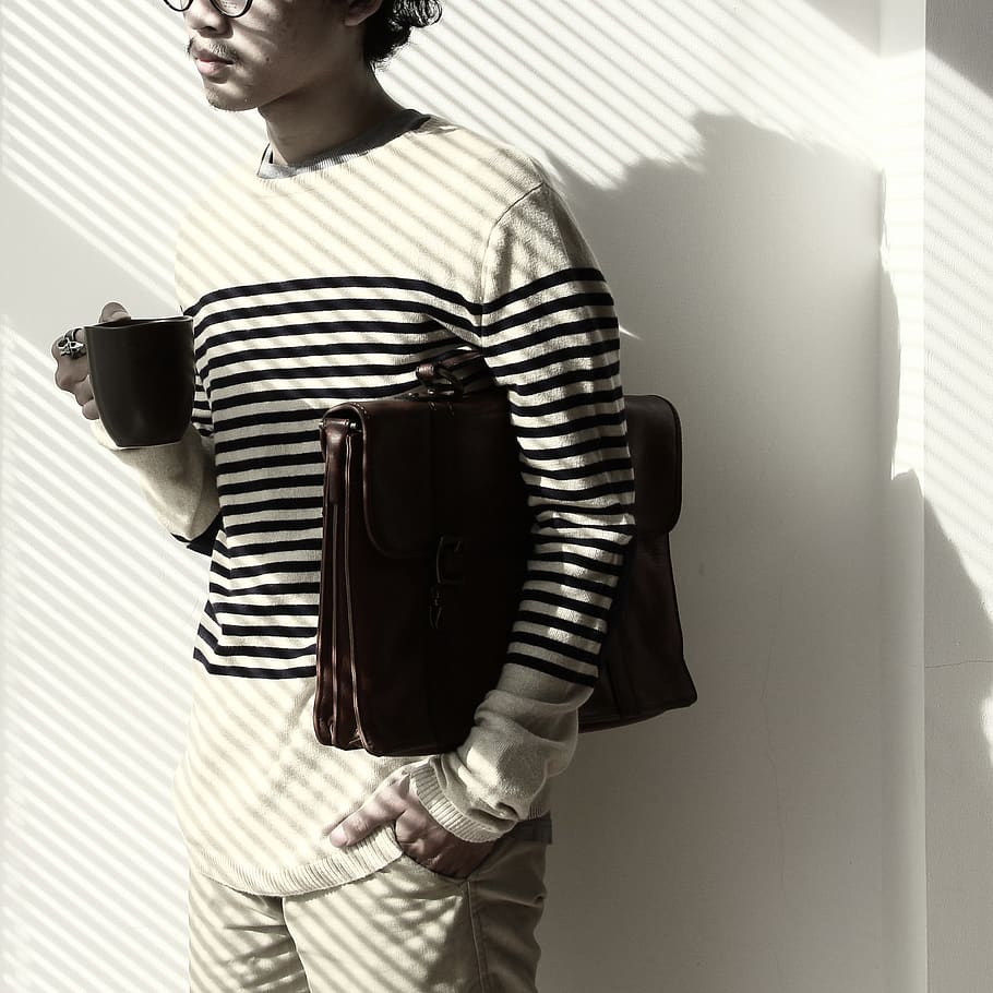 people, guy, black and white, lifestyle, model, bag, coffee, shadow, one person, striped
