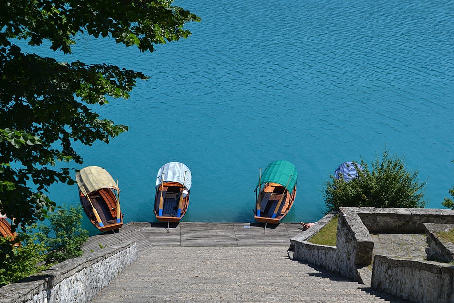 lake, bled, boats, ladder, blue water, slovenia, plant, high angle view, nature, water