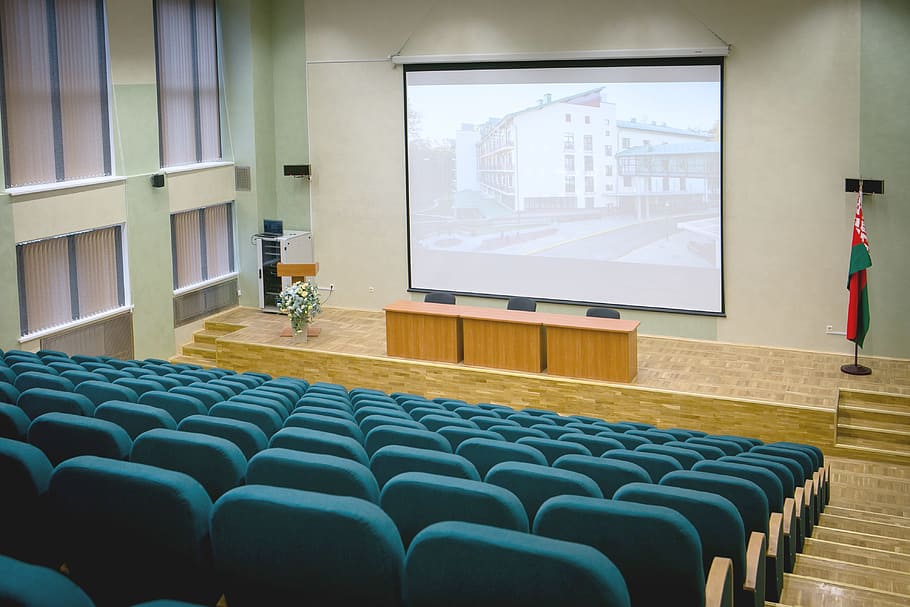 Cinema, Scene, Screen, Table, indoors, no People, projection Screen, empty, seminar, chair