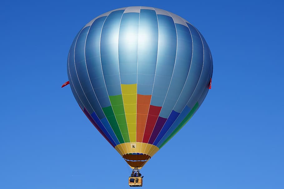 Azul, amarillo, naranja, caliente, vuelo, durante el día, globo, sobre globo aerostático, manga, paseo en globo aerostático