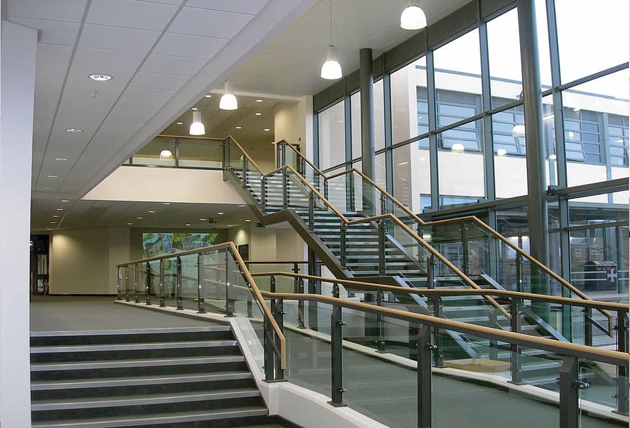 school, stairs, architecture, staircase, modern, indoors, steps, flooring, design, no People