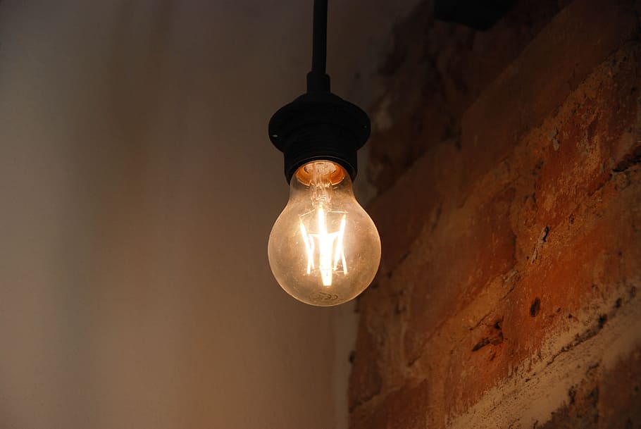 bola lampu, berbalik, lampu, bola, di dalam ruangan, menyala, batu bata, listrik, desain, energi