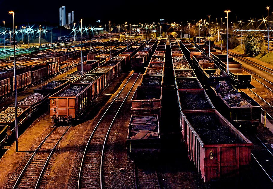 aerial, photography, coals, train trailers, goods station, freight trains, gleise, evening, marshalling yard, track