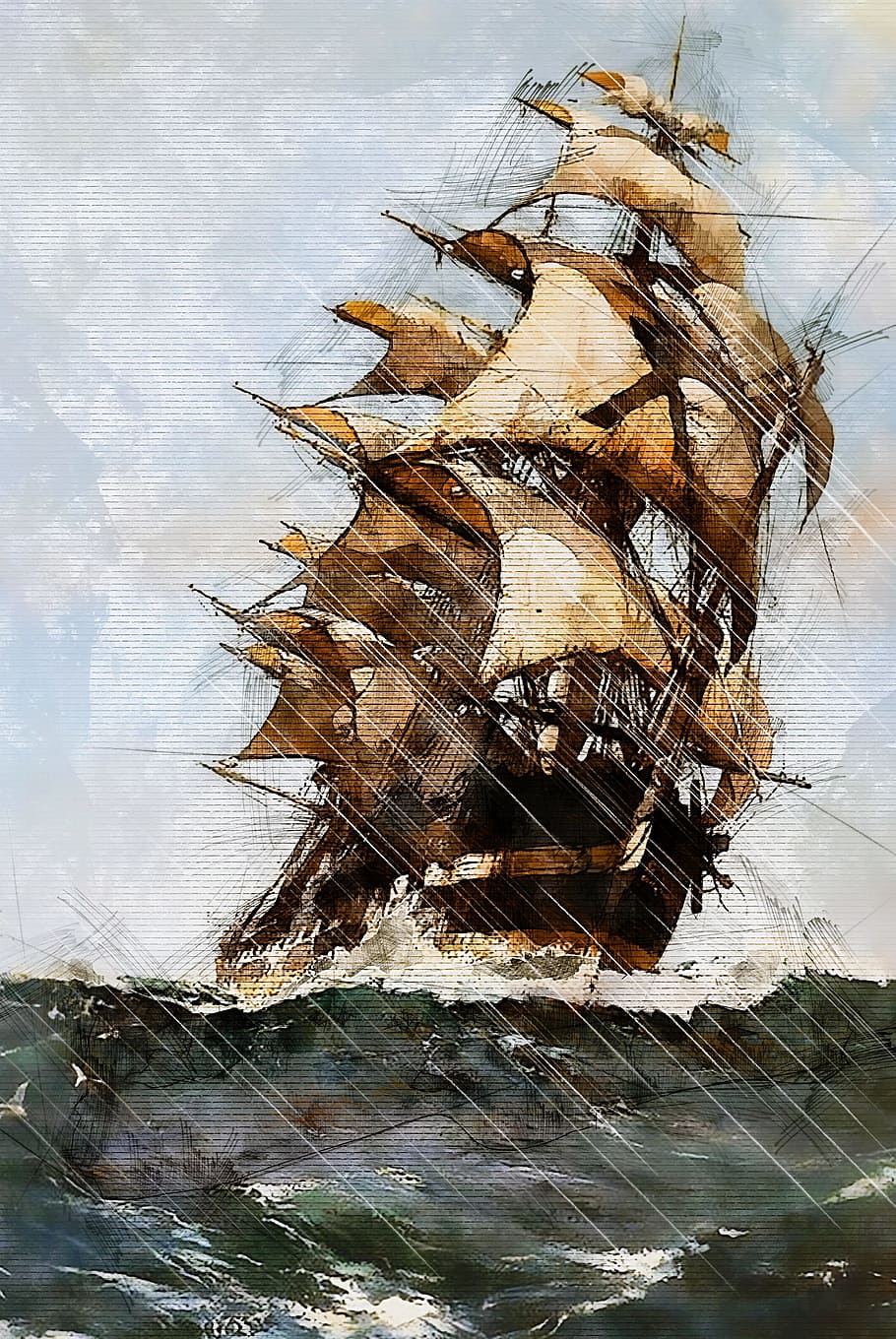 brown galleon painting, sailing ship, mast, boat, sea, sailboat, transportation, nautical, marine, water