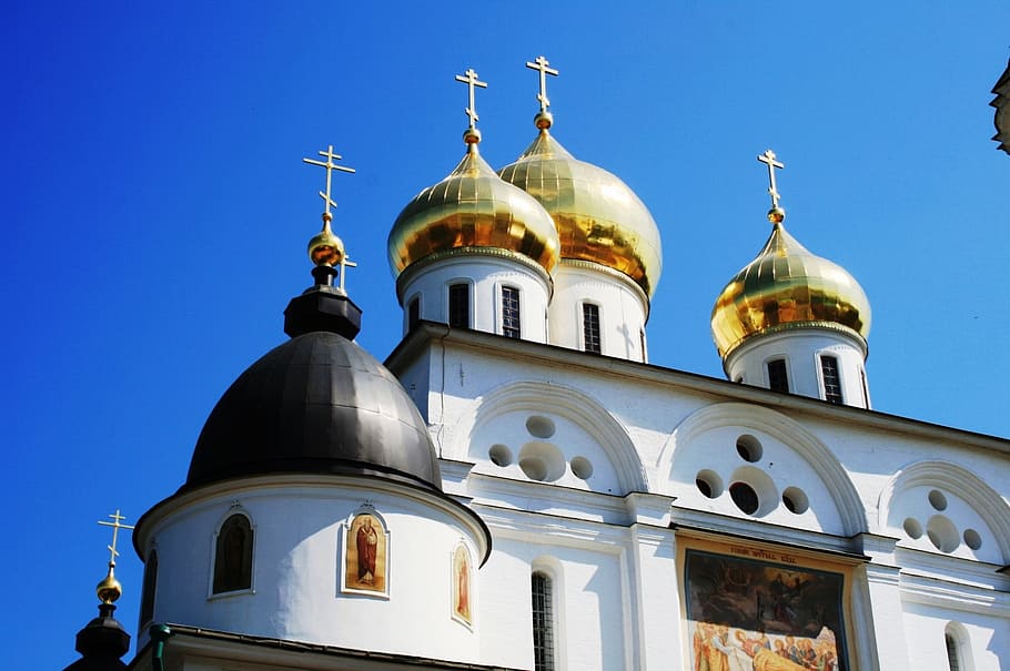 cathedral, church, historic, building, religion, russian orthodox, architecture, white walls, golden onion domes, cupolas