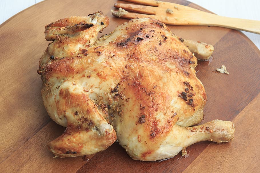 гриль, курица, коричневый, деревянный, лоток, жареный, целиком, приготовленный, ужин, гурман