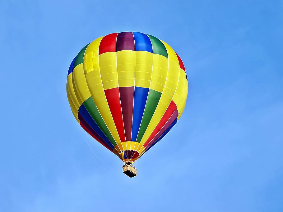 yellow, multicolored, hot, air balloon, flying, sky, daytime, technology, nature, live