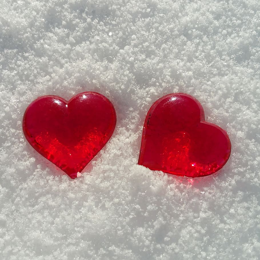two heart-shaped accessories, valentine's day, heart, snow, love, background image, red, positive emotion, heart shape, cold temperature