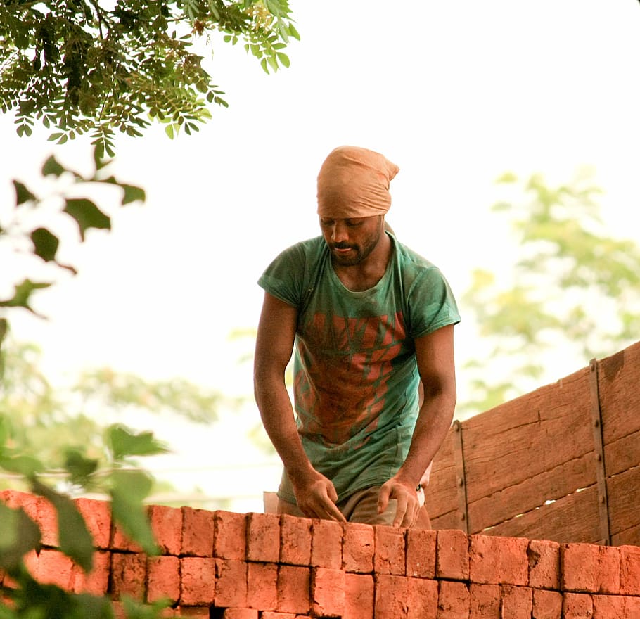 laborer, india, worker, labor, work, indian, brick factory, bricks, wall, job