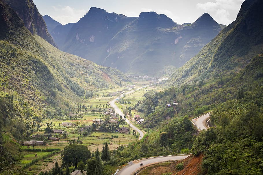 verde, montañas, casa, vietnam, valle, cañón, paisaje, provincia de ha giang, carretera, colina