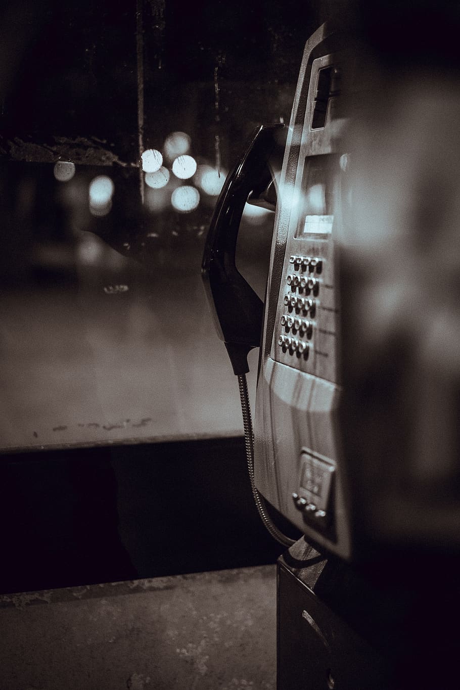 payphone, communication, call, telephone, black and white, bokeh, close-up, technology, retro styled, indoors