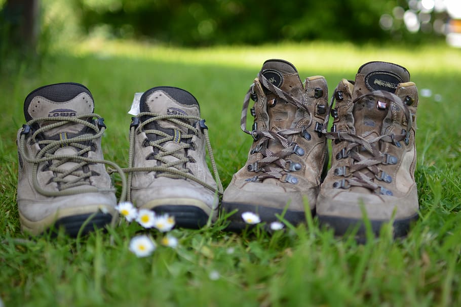 dos, pares, zapatos, hierba, zapato, senderismo, calzado, caminar, naturaleza, vacaciones de senderismo