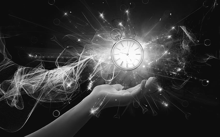 grayscale photo, hand, floating, pocket clock, striking, 10:08, abstract, science, wallpaper, dark